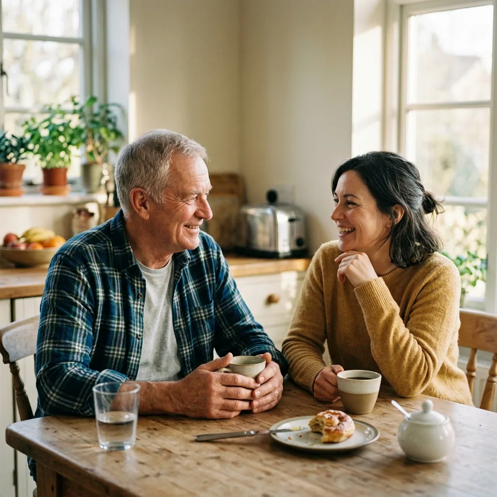 Older man chatting comfortably with family in his living room