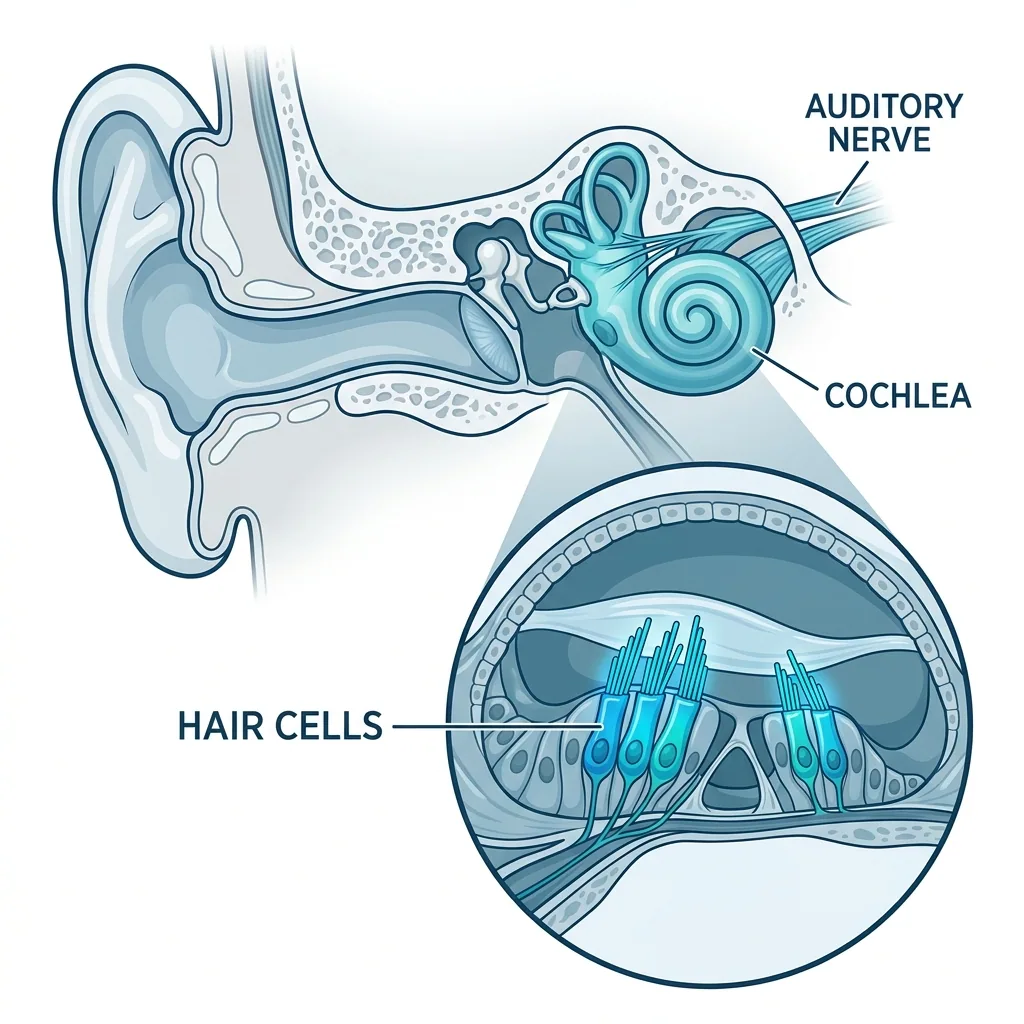 Illustration of the cochlea and inner-ear hair cells involved in age-related hearing loss
